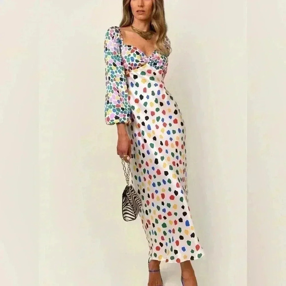 NWT Sunfere Alison Sweetheart Splice Printed Dots Maxi Dress - Size Medium - Picture 1 of 13